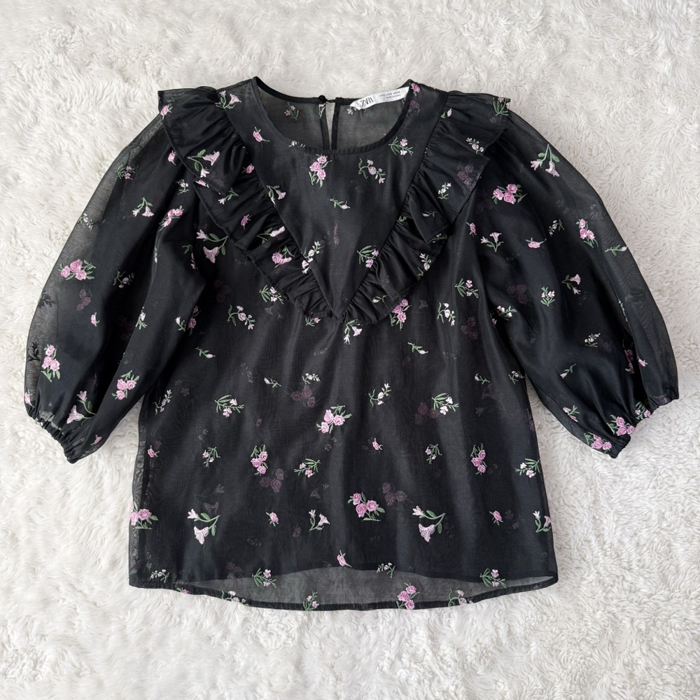 Zara Woman Black Sheer Embroidery Floral Ruffle Puff Sleeve Top SMALL Whimsigoth - Picture 4 of 9